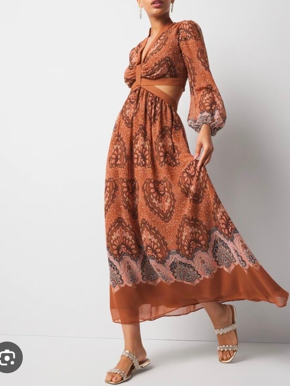 WHBM Brown Paisley Cutout Tie Waist Long Sleeve Midi Dress NWT Women  Size 6